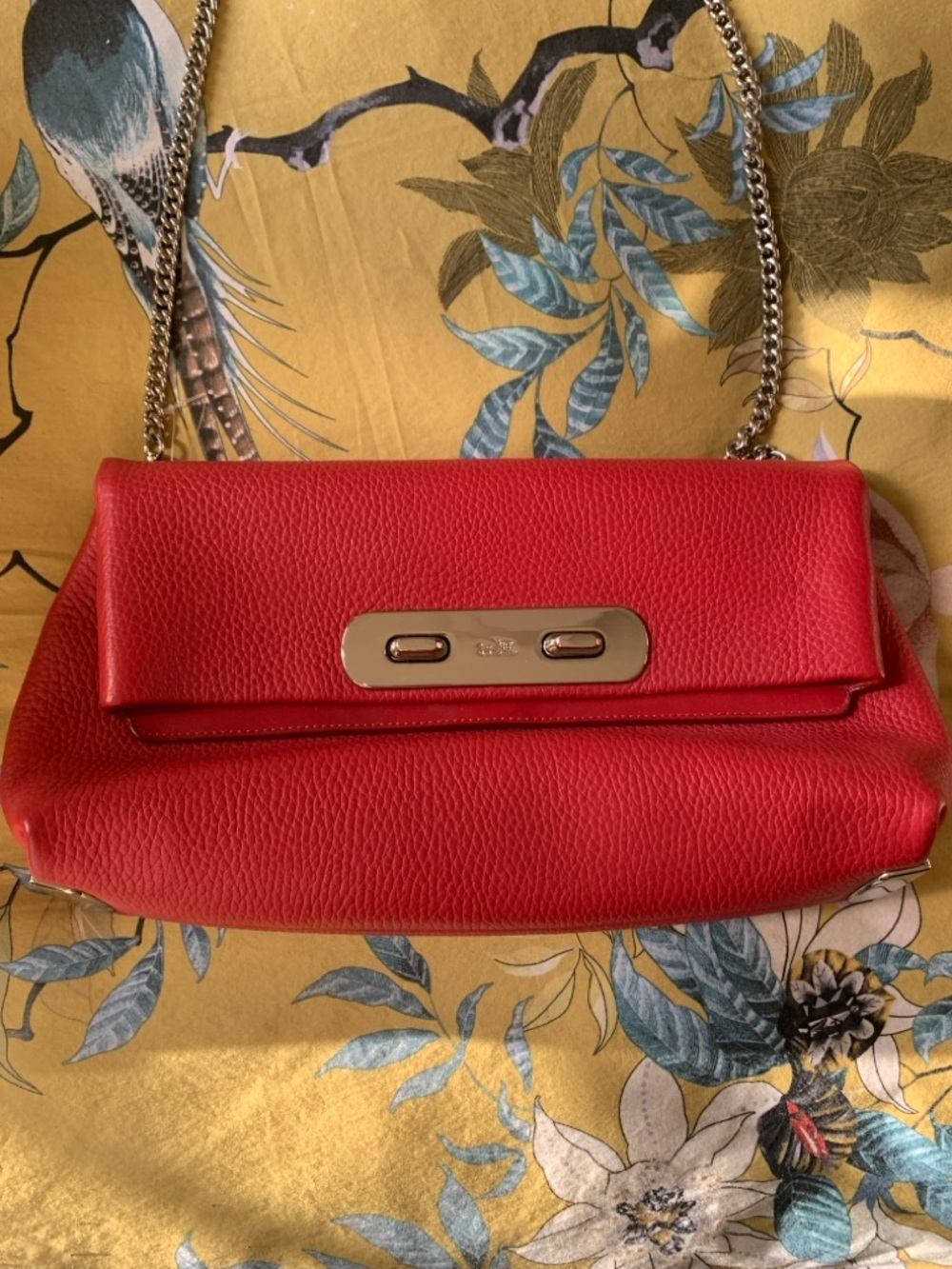 Coach Red Pebbled Leather Shoulder Bag with Gold Chain